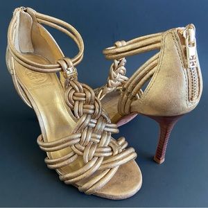 Tory Burch Gold Leather Braided Heel Sandals